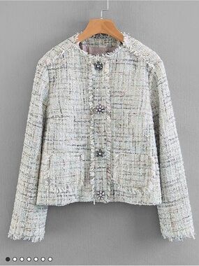 NWOT SHEIN Cream Tweed Fringe-Trim Blazer with Decorative Buttons